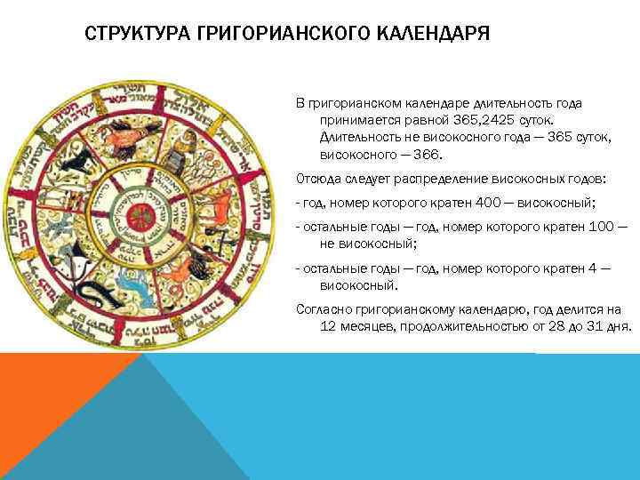 СТРУКТУРА ГРИГОРИАНСКОГО КАЛЕНДАРЯ В григорианском календаре длительность года принимается равной 365, 2425 суток. Длительность