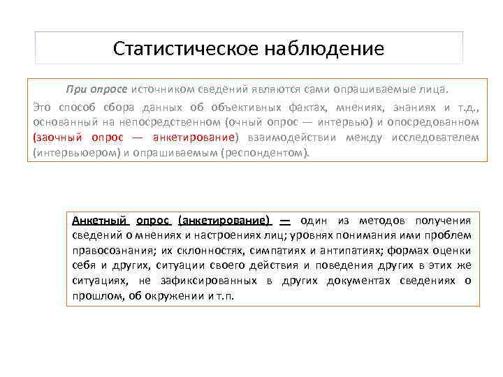 Статистическое наблюдение При опросе источником сведений являются сами опрашиваемые лица. Это способ сбора данных