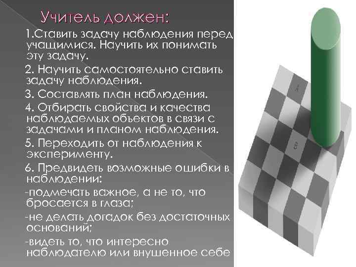 Учитель должен: 1. Ставить задачу наблюдения перед учащимися. Научить их понимать эту задачу. 2.