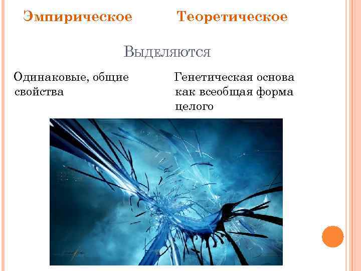 Эмпирическое Теоретическое ВЫДЕЛЯЮТСЯ Одинаковые, общие свойства Генетическая основа как всеобщая форма целого 