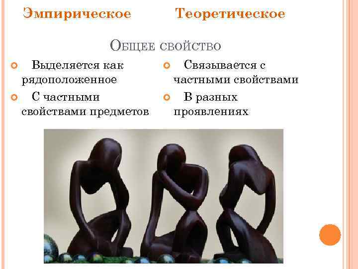 Эмпирическое Теоретическое ОБЩЕЕ СВОЙСТВО Выделяется как рядоположенное С частными свойствами предметов Связывается с частными