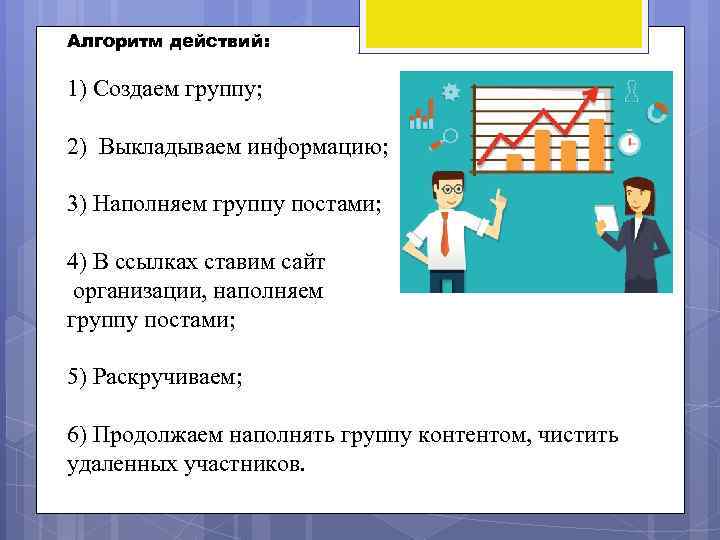 Алгоритм действий: 1) Создаем группу; 2) Выкладываем информацию; 3) Наполняем группу постами; 4) В