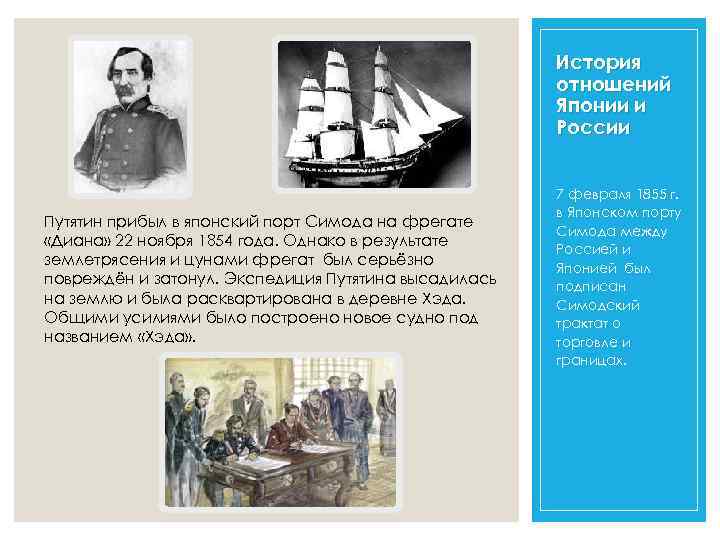 История отношений Японии и России Путятин прибыл в японский порт Симода на фрегате «Диана»