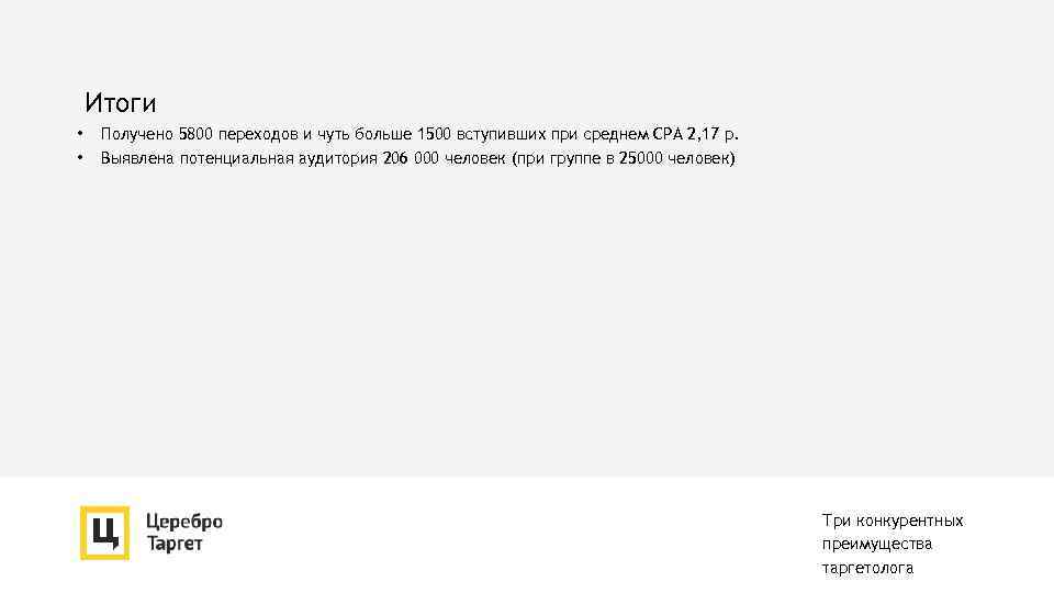 Итоги • • Получено 5800 переходов и чуть больше 1500 вступивших при среднем CPA