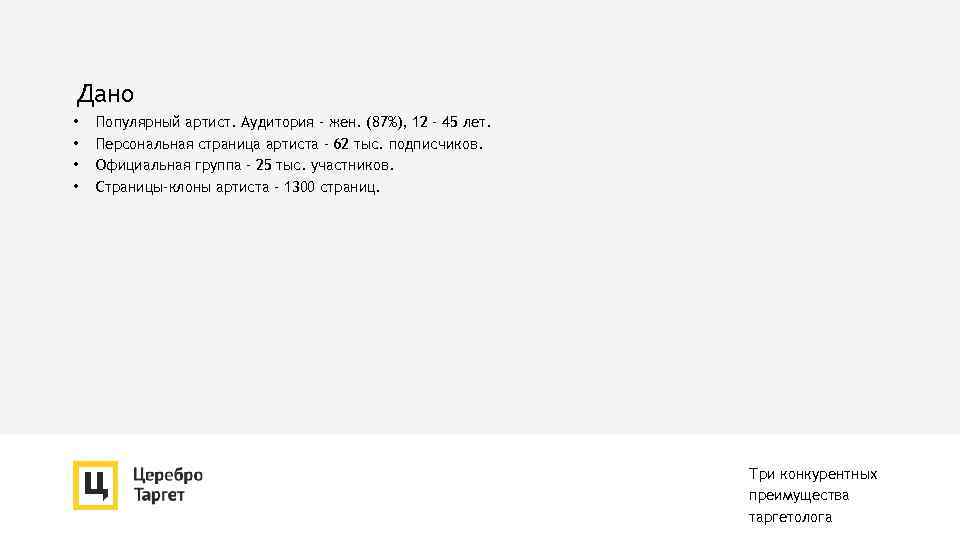 Дано • • Популярный артист. Аудитория – жен. (87%), 12 – 45 лет. Персональная