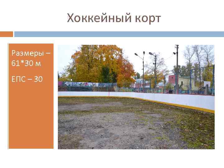 Хоккейный корт Размеры – 61*30 м ЕПС – 30 