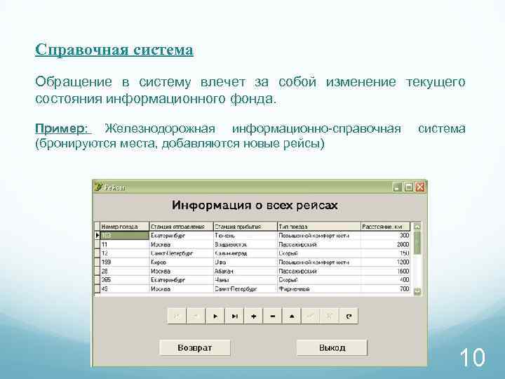 Справочная система Обращение в систему влечет за собой изменение текущего состояния информационного фонда. Пример:
