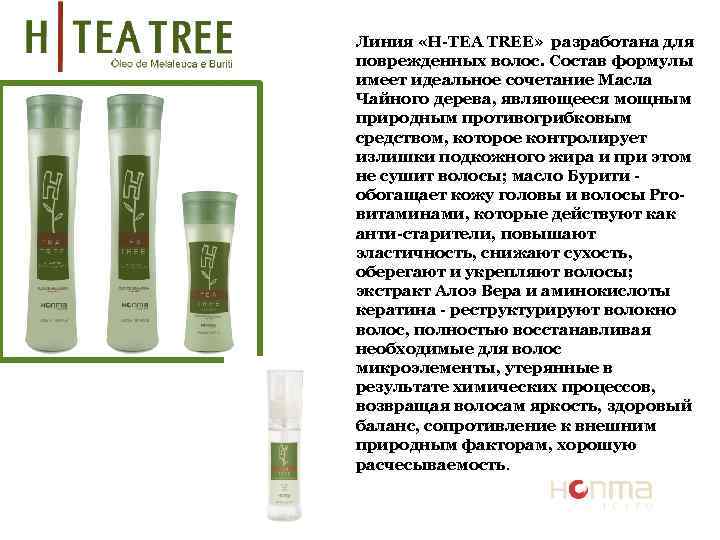 Линия «H-TEA TREE» разработана для поврежденных волос. Состав формулы имеет идеальное сочетание Масла Чайного