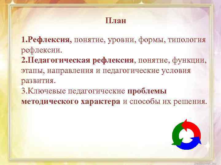 План 1. Рефлексия, понятие, уровни, формы, типология рефлексии. 2. Педагогическая рефлексия, понятие, функции, этапы,
