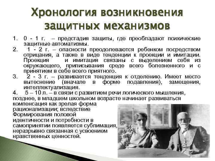 Хронология возникновения защитных механизмов 1. 0 - 1 г. – предстадия защиты, где преобладают
