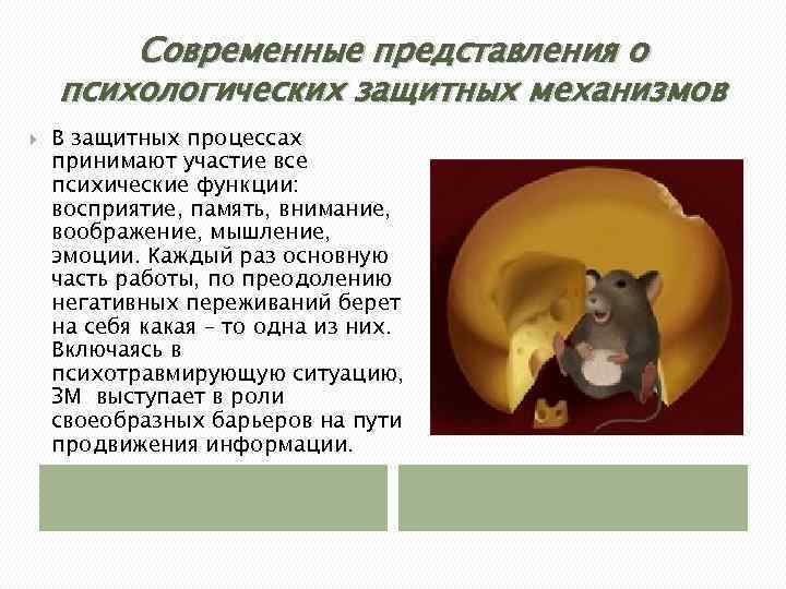 Современные представления о психологических защитных механизмов В защитных процессах принимают участие все психические функции: