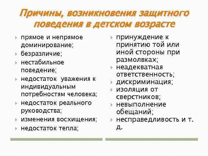 Причины, возникновения защитного поведения в детском возрасте прямое и непрямое доминирование; безразличие; нестабильное поведение;