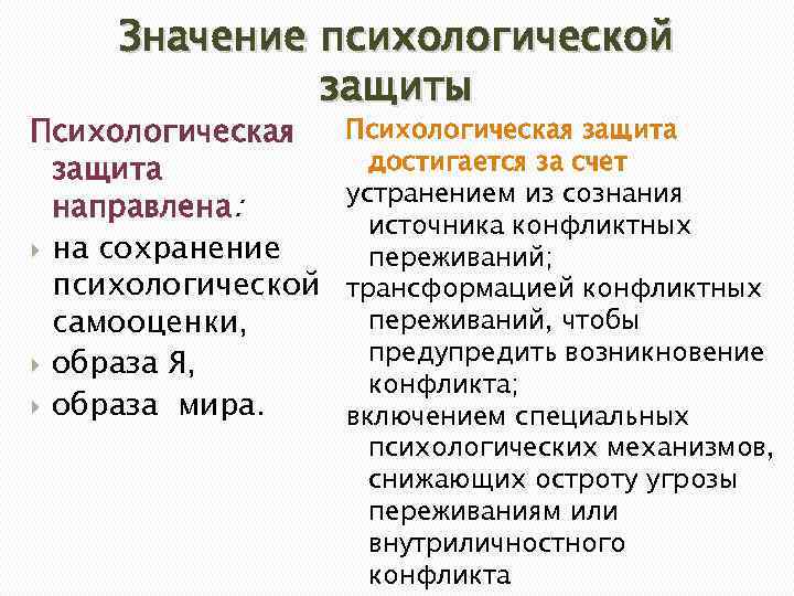 Значение психологической защиты Психологическая защита направлена: на сохранение психологической самооценки, образа Я, образа мира.