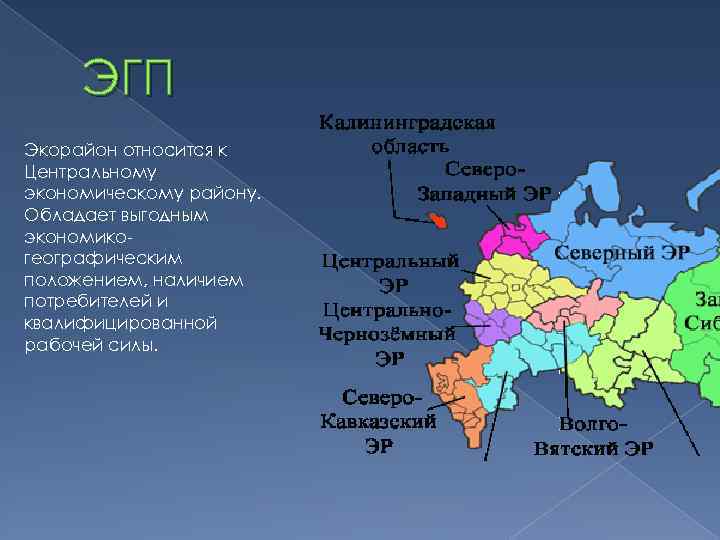ЭГП Экорайон относится к Центральному экономическому району. Обладает выгодным экономикогеографическим положением, наличием потребителей и