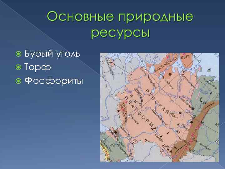 Основные природные ресурсы Бурый уголь Торф Фосфориты 