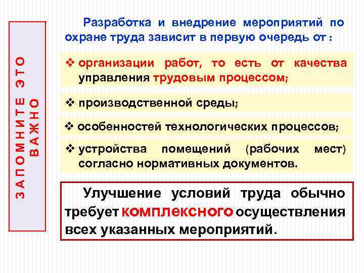 ЗАПОМНИТЕ ЭТО ВАЖНО Разработка и внедрение мероприятий по охране труда зависит в первую очередь