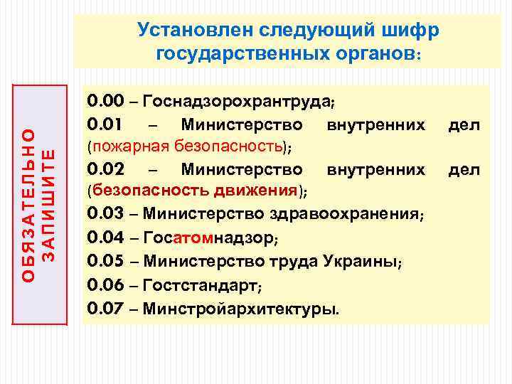 ОБЯЗАТЕЛЬНО ЗАПИШИТЕ Установлен следующий шифр государственных органов: 0. 00 – Госнадзорохрантруда; 0. 01 –
