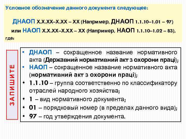 Условное обозначение данного документа следующее: ДНАОП Х. Х. ХХ–Х. ХХ – ХХ (Например, ДНАОП