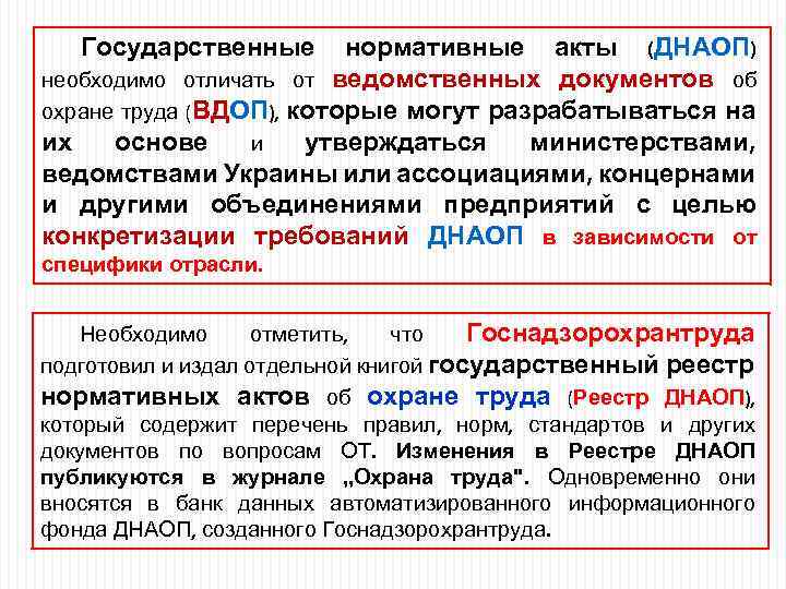 Государственные нормативные акты (ДНАОП) необходимо отличать от ведомственных документов об охране труда (ВДОП), которые
