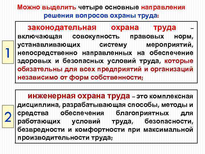 Можно выделить четыре основные направления решения вопросов охраны труда: законодательная 1 охрана труда –