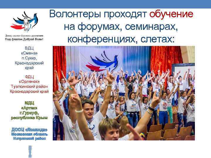 Волонтеры проходят обучение на форумах, семинарах, конференциях, слетах: ВДЦ «Смена» п. Сукко, Краснодарский край