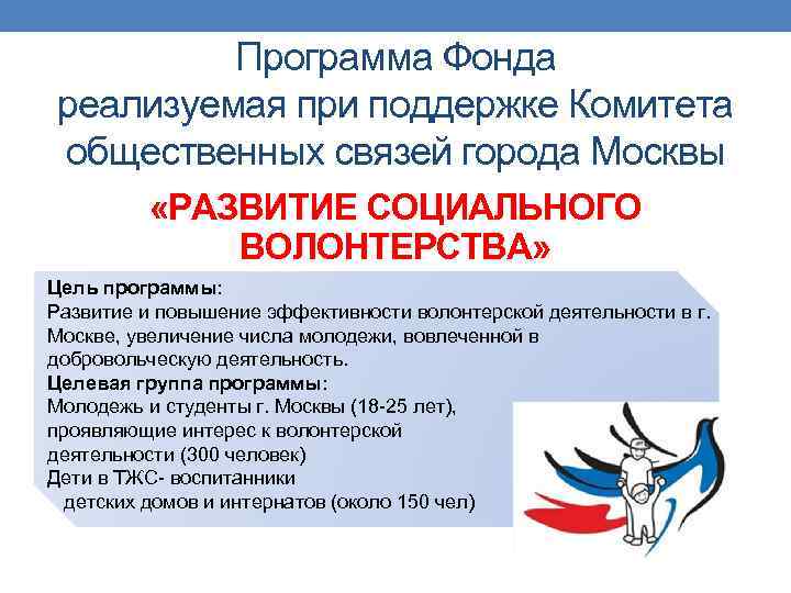 Программа Фонда реализуемая при поддержке Комитета общественных связей города Москвы «РАЗВИТИЕ СОЦИАЛЬНОГО ВОЛОНТЕРСТВА» Цель