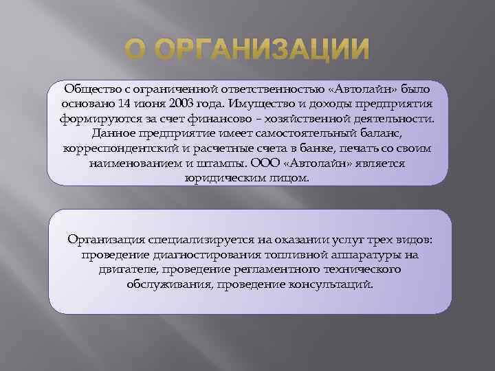 О ОРГАНИЗАЦИИ Общество с ограниченной ответственностью «Автолайн» было основано 14 июня 2003 года. Имущество