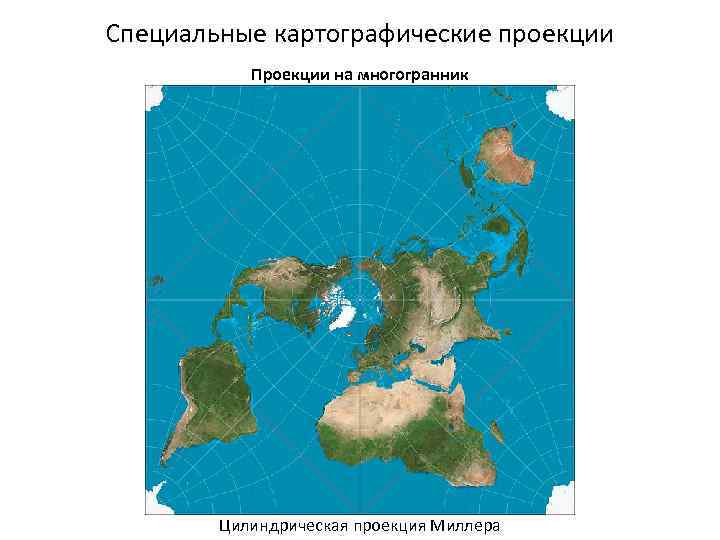 Специальные картографические проекции Проекции на многогранник Цилиндрическая проекция Миллера 