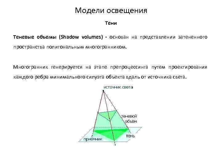 Модели освещения Тени Теневые объемы (Shadow volumes) - основан на представлении затененного пространства полигональным