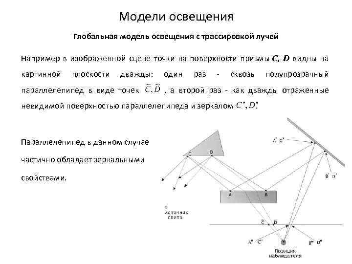 Модели освещения Глобальная модель освещения с трассировкой лучей Например в изображенной сцене точки на