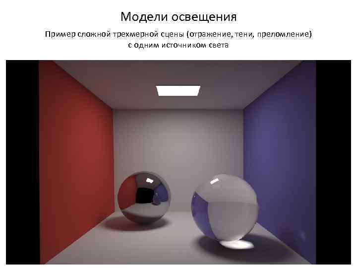 Модели освещения Пример сложной трехмерной сцены (отражение, тени, преломление) с одним источником света 
