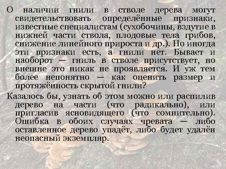 О наличии гнили в стволе дерева могут свидетельствовать определённые признаки, известные специалистам (сухобочины, вздутие