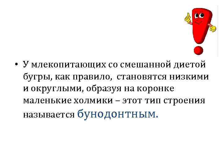  • У млекопитающих со смешанной диетой бугры, как правило, становятся низкими и округлыми,