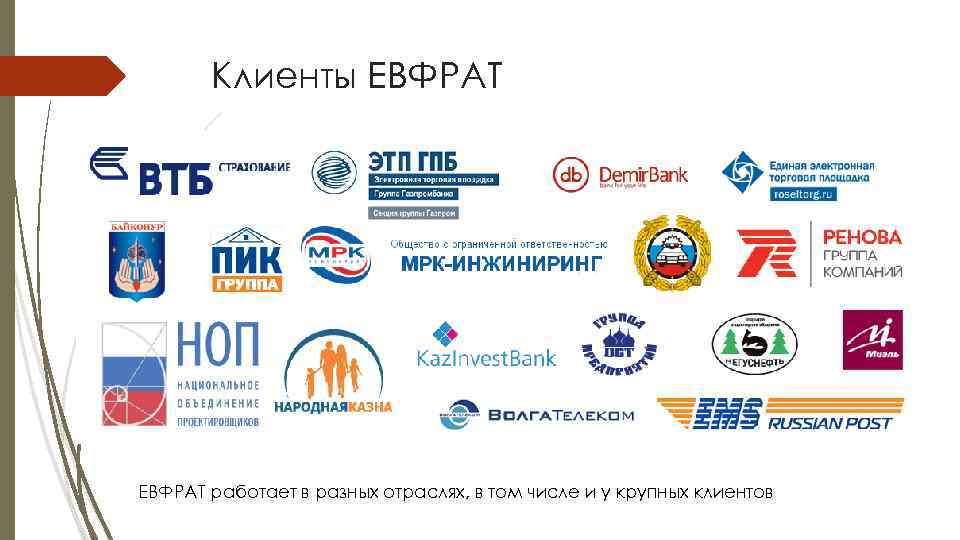 Клиенты ЕВФРАТ работает в разных отраслях, в том числе и у крупных клиентов 
