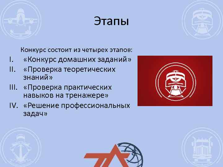 Этапы Конкурс состоит из четырех этапов: I. «Конкурс домашних заданий» II. «Проверка теоретических знаний»
