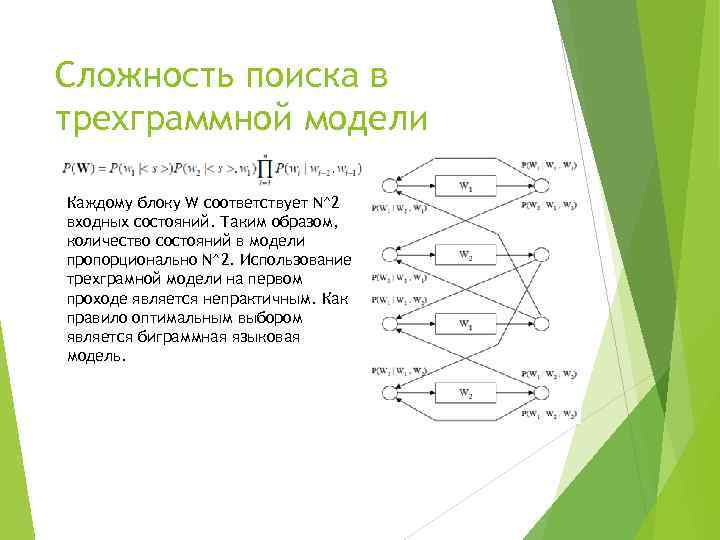 Сложность поиска в трехграммной модели Каждому блоку W соответствует N^2 входных состояний. Таким образом,