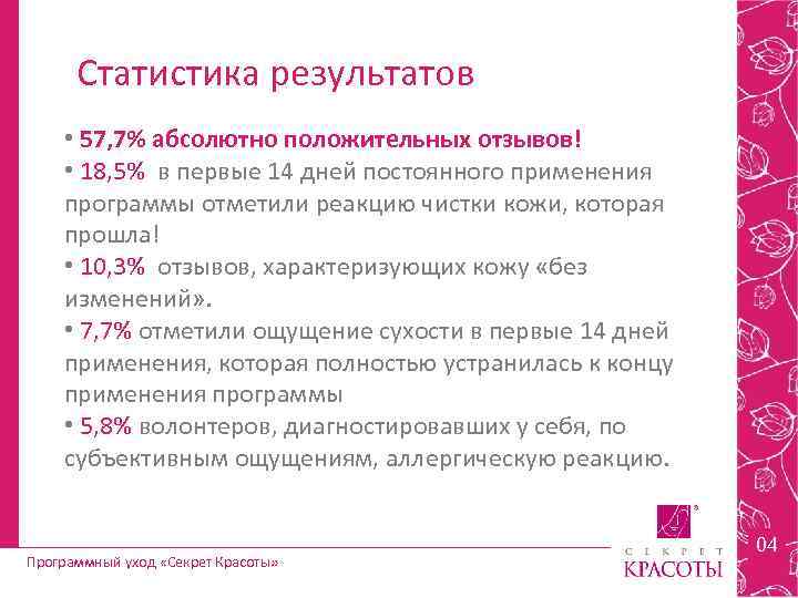 Статистика результатов • 57, 7% абсолютно положительных отзывов! • 18, 5% в первые 14