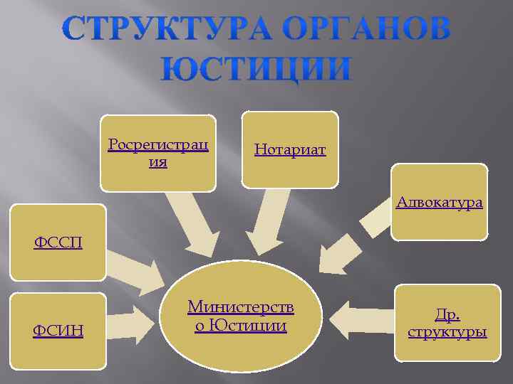 Росрегистрац ия Нотариат Адвокатура ФССП ФСИН Министерств о Юстиции Др. структуры 