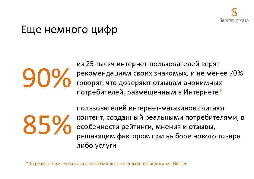 Еще немного цифр 90% из 25 тысяч интернет-пользователей верят рекомендациям своих знакомых, и не