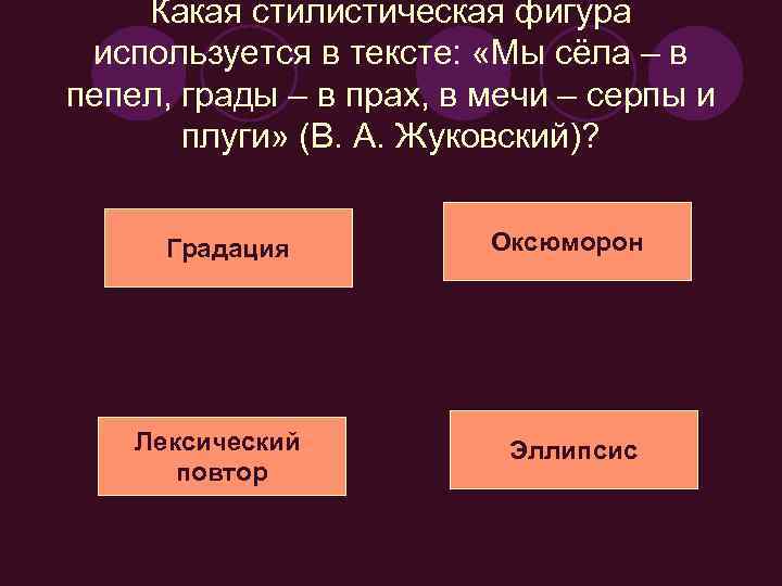 Какая стилистическая фигура используется в тексте: «Мы сёла – в пепел, грады – в