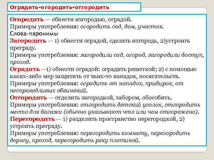 Оградить-огородить-отгородить Огородить — обнести изгородью, оградой. Примеры употребления: огородить сад, дом, участок. Слова-паронимы Загородить