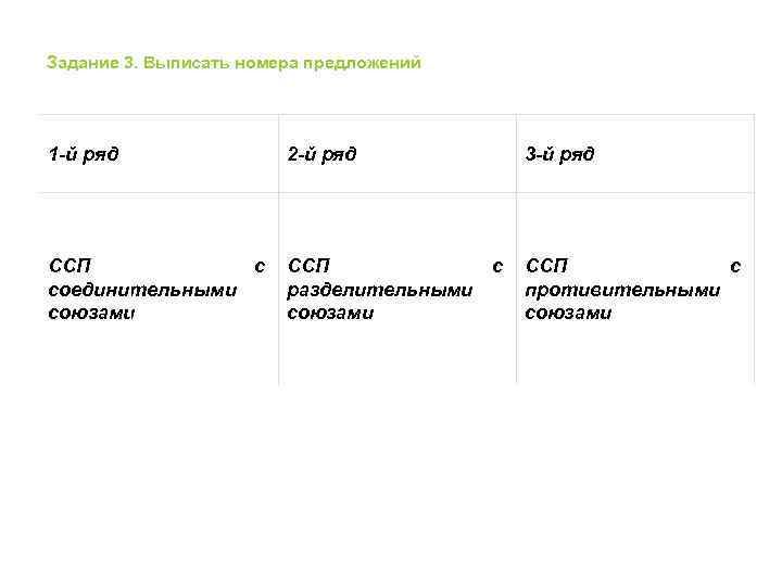 Задание 3. Выписать номера предложений 1 -й ряд 2 -й ряд 3 -й ряд