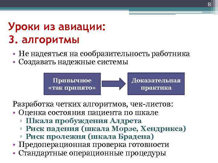 8 Уроки из авиации: 3. алгоритмы • Не надеяться на сообразительность работника • Создавать