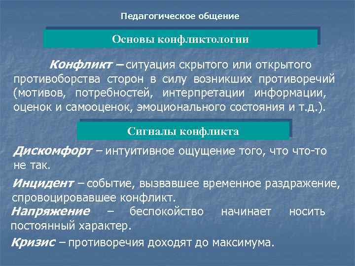 Педагогическое общение Основы конфликтологии Конфликт – ситуация скрытого или открытого противоборства сторон в силу