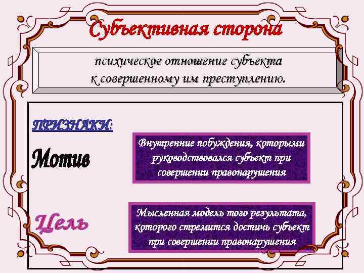 Субъективная сторона психическое отношение субъекта к совершенному им преступлению. ПРИЗНАКИ: Внутренние побуждения, которыми руководствовался