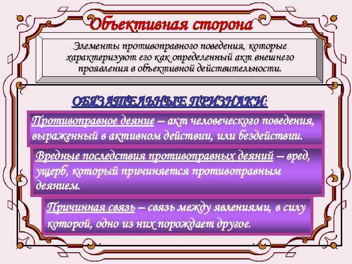 Объективная сторона Элементы противоправного поведения, которые характеризуют его как определенный акт внешнего проявления в