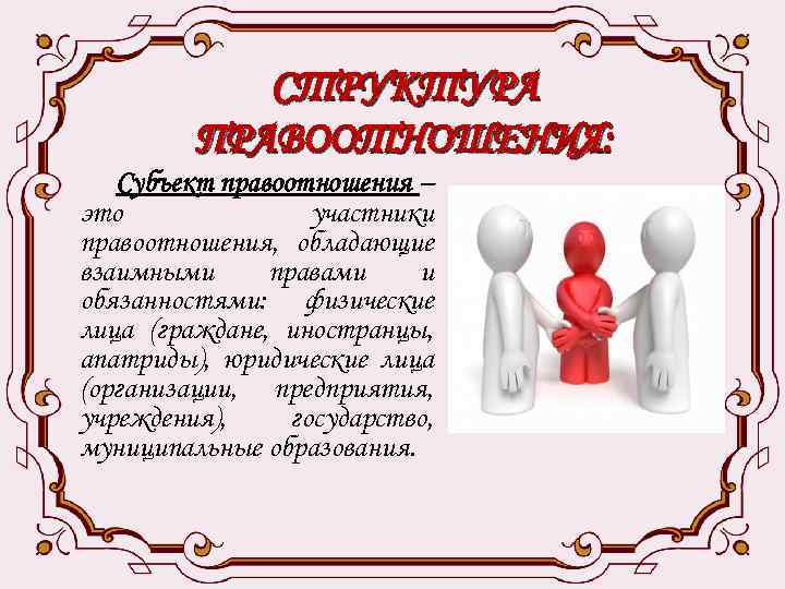 СТРУКТУРА ПРАВООТНОШЕНИЯ: Субъект правоотношения – это участники правоотношения, обладающие взаимными правами и обязанностями: физические