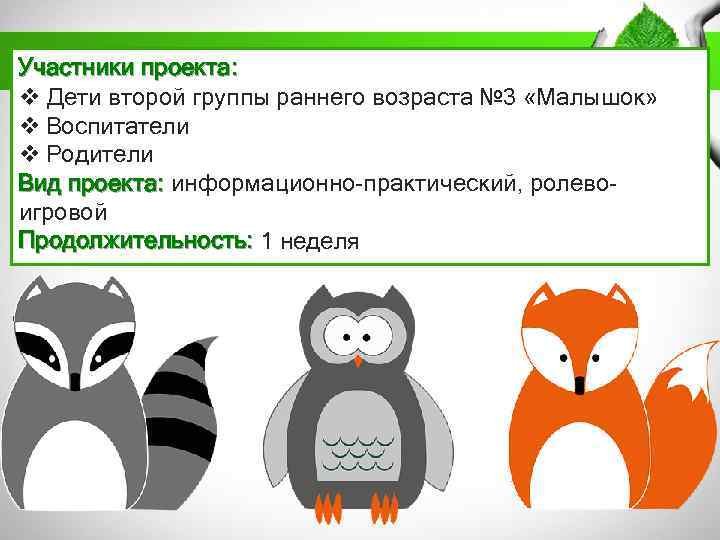 Участники проекта: v Дети второй группы раннего возраста № 3 «Малышок» v Воспитатели v