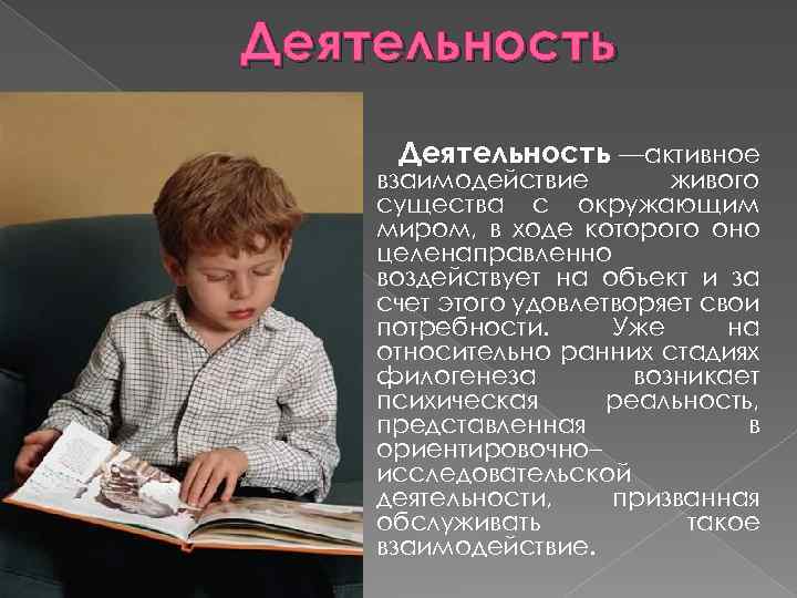 Деятельность —активное взаимодействие живого существа с окружающим миром, в ходе которого оно целенаправленно воздействует