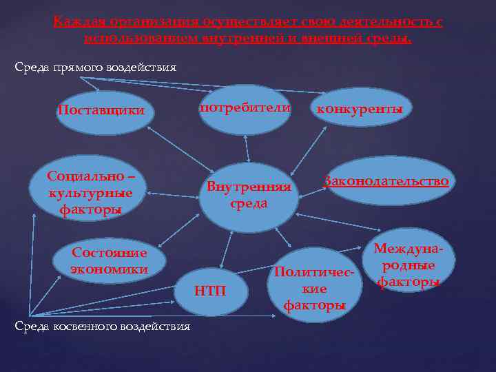 Каждая организация осуществляет свою деятельность с использованием внутренней и внешней среды. Среда прямого воздействия